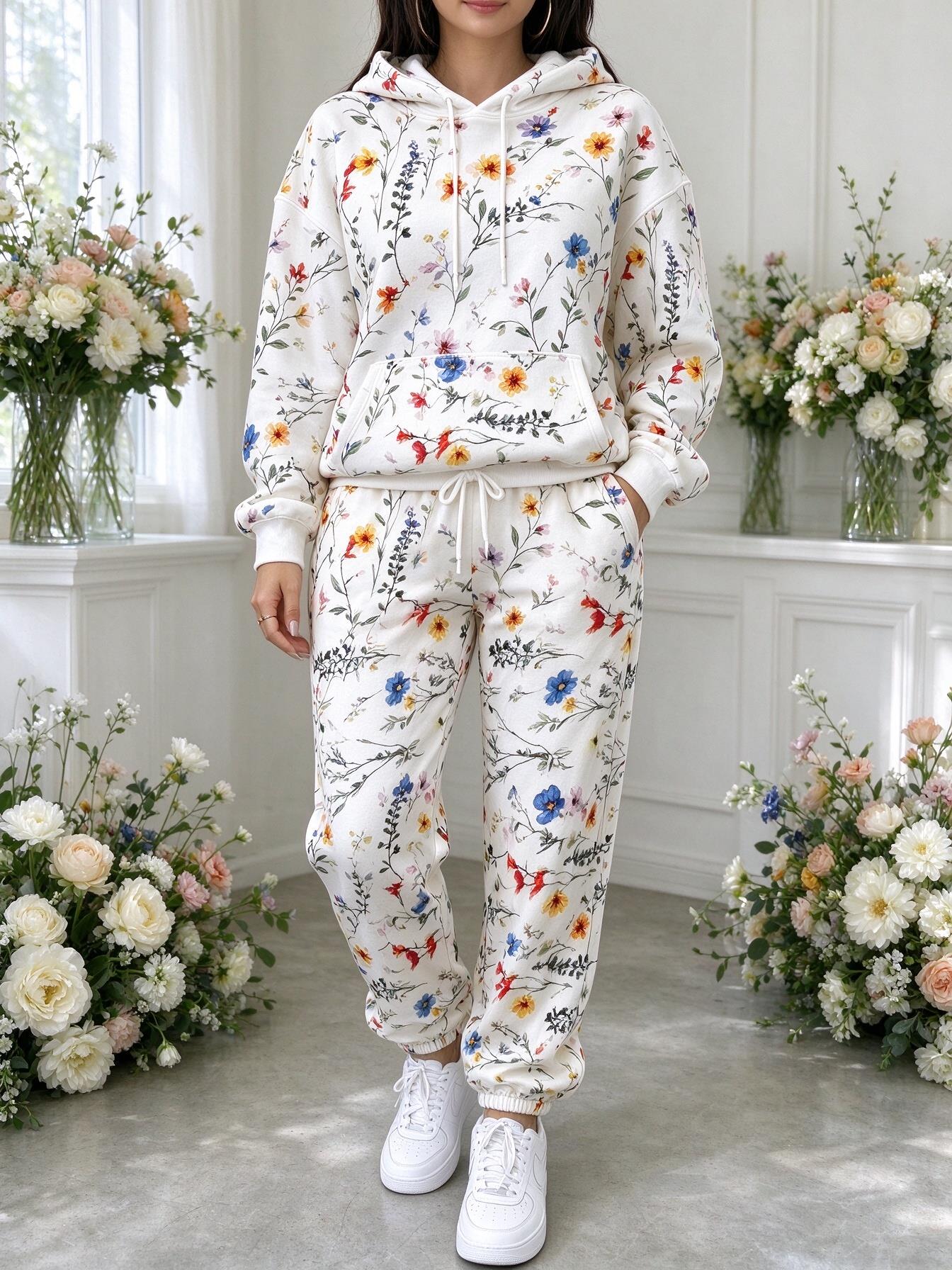 Joggers Pants - Damski dres z kapturem w kwiatowy